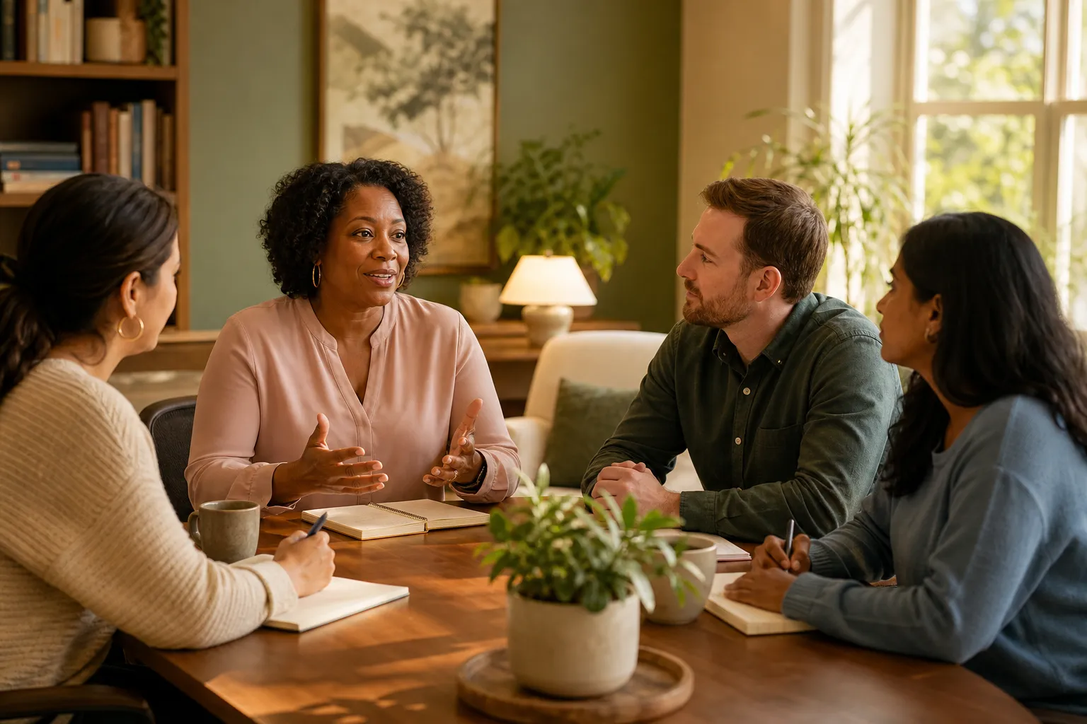 A diverse group of counselors in a supervision session
